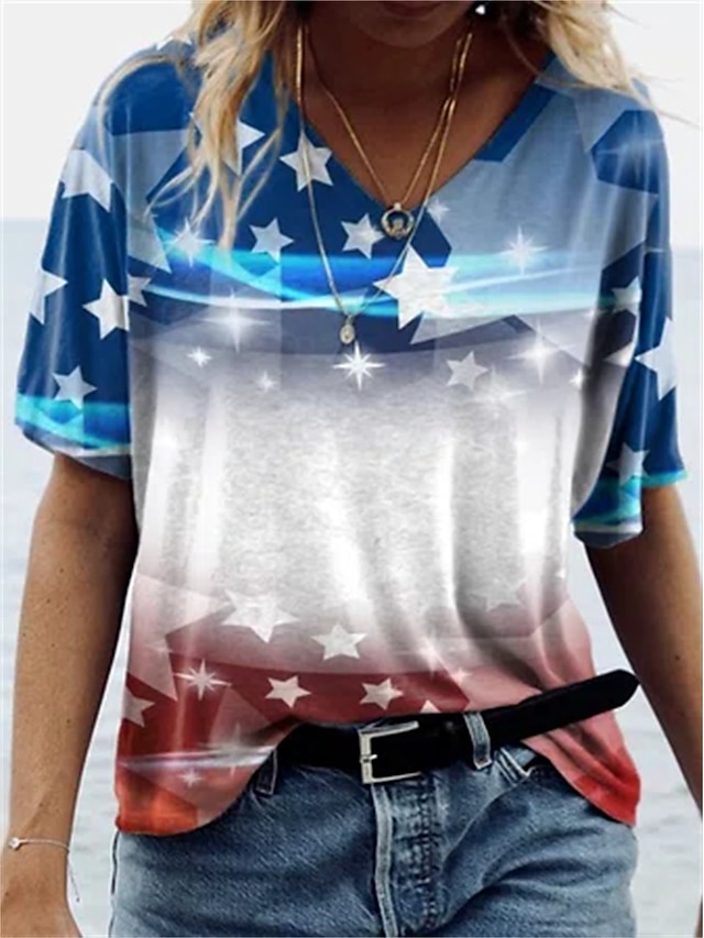  Mulheres Bandeira Dia da Independência Manga Curta Camiseta Decote V Imprimir Básico Blusas Arco-íris S / Impressão 3D