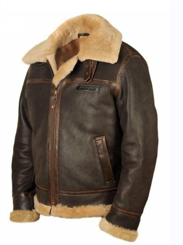  Men's Jacket Pocket Regular Coat Brown Street Sporty Single Breasted Winter Turndown Regular Fit M L XL XXL 3XL 4XL / Faux Leather / Long Sleeve