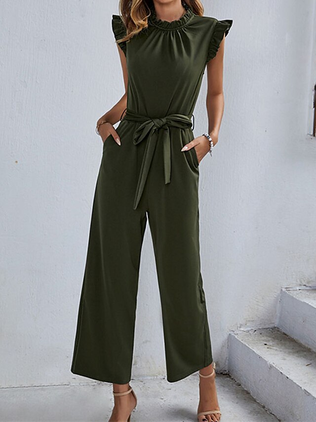  Women's Jumpsuit Solid Color Lace up Ruffle Elegant Turtleneck Party Going out Short Sleeve Regular Fit Black Pink Army Green S M L Spring