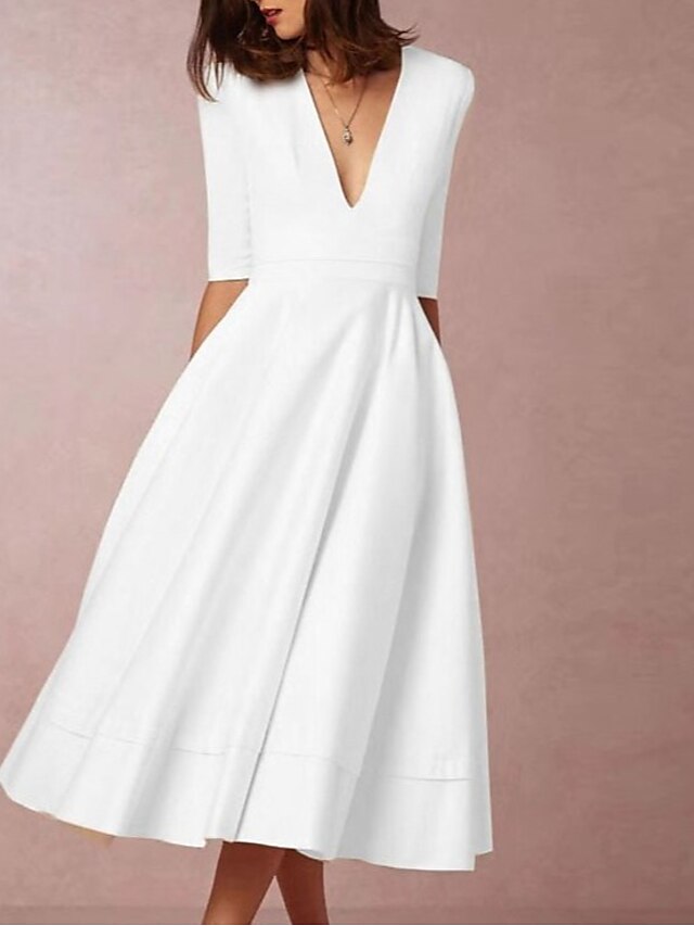  Women's Swing Dress Midi Dress White Half Sleeve Solid Color Patchwork Fall V Neck Elegant Party Slim 2021 S M L XL XXL 3XL