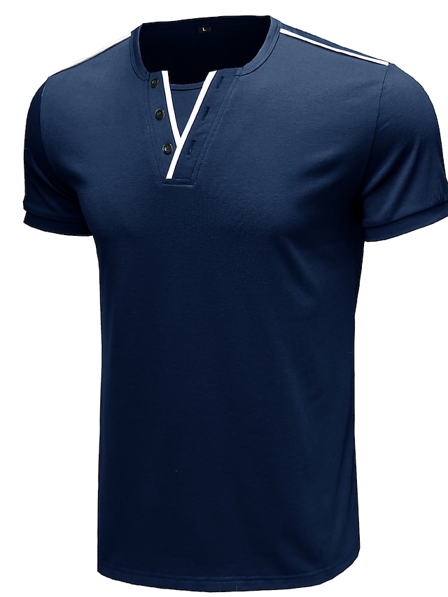  Herren T-Shirt Ärmel Farbblock V-Ausschnitt Standard Sommer Weinrot Blau Weiß Schwarz Grau