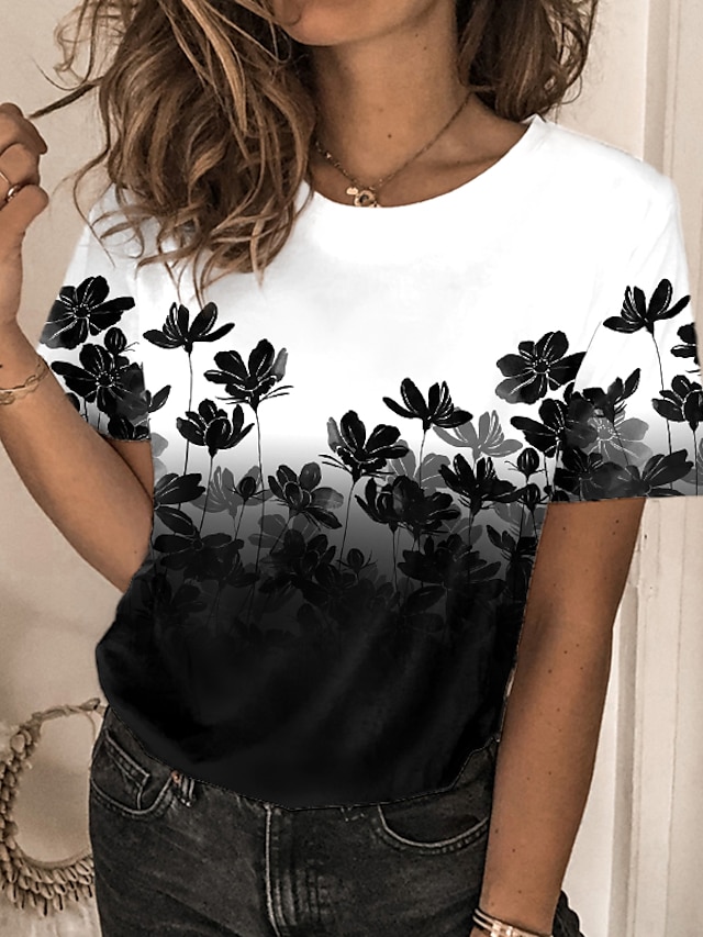  Dame T-shirt Blomstret Afslappet Ferie Weekend Blomster Tema Maleri Kortærmet T-shirt Rund hals Trykt mønster Basale Grøn Sort Lilla S / 3D-udskrivning