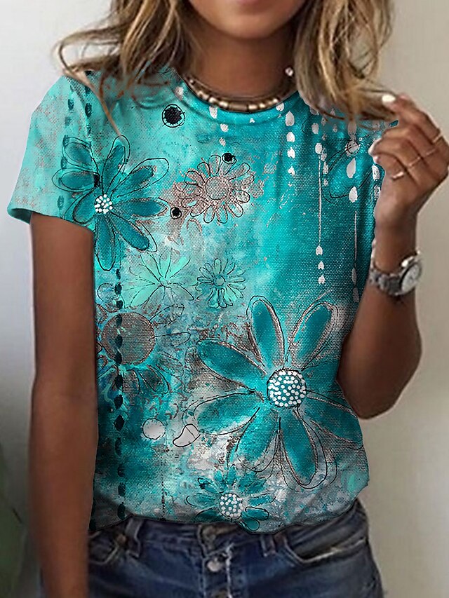  Damen T Shirt Blumen Täglich Festtage Wochenende Blume Farbe Langarm T Shirt Rundhalsausschnitt Bedruckt Basic Grün Blau Purpur S / 3D-Druck