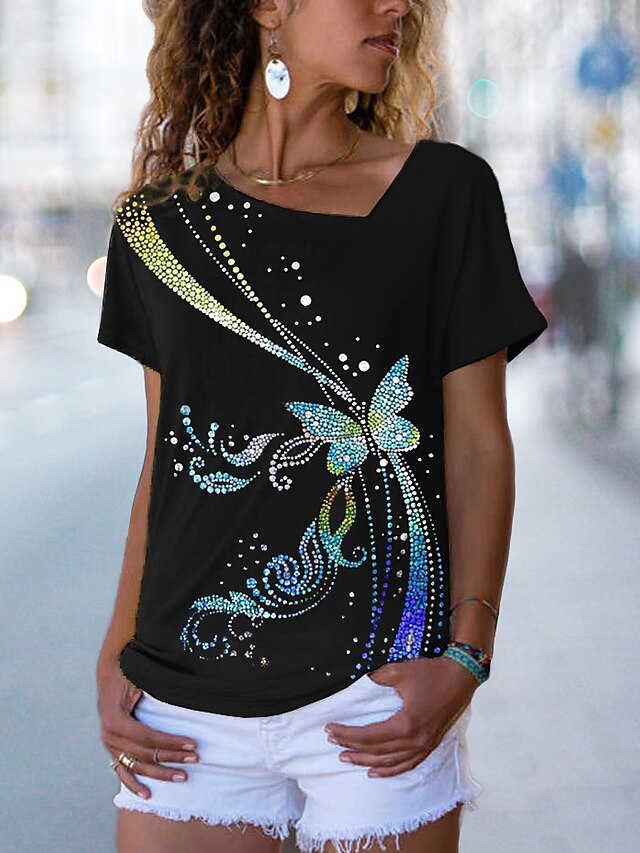  Women's Butterfly Casual Weekend Butterfly Painting Short Sleeve T shirt Tee V Neck Print Basic Essential Tops Black S / 3D Print