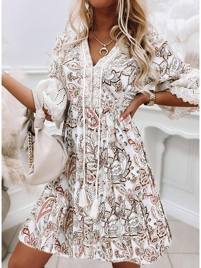  Femme Mini robe Robe casual Robe ethnique Robe d’été Blanche Floral Manches 3/4 Eté Printemps Dentelle Mode Col V Ample Vacances 2023 S M L XL XXL 3XL