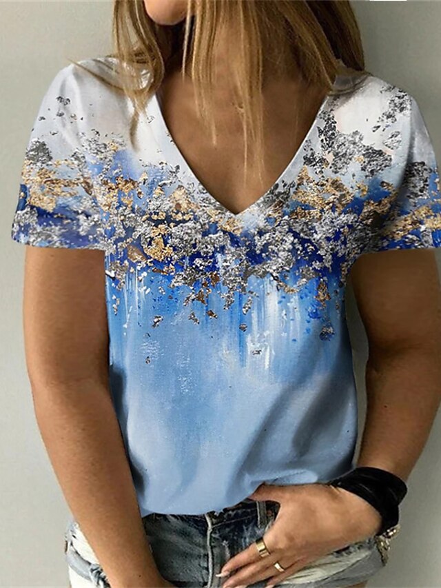  Damen Übergröße Oberteile T Shirt Graphic Farbblock Kurzarm Pailletten Bedruckt Strassenmode Rundhalsausschnitt Baumwolle Täglich Ausgehen Frühling Sommer Blau Purpur