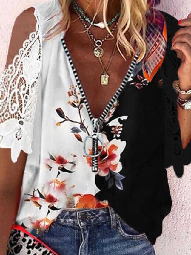  Women's Flower Going out Floral Half Sleeve Blouse V Neck Zipper Lace Patchwork Casual Tops White S / 3D Print / Print