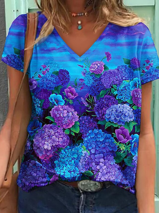  Dame Blomstret 3D Afslappet Ferie Weekend Blomster Tema 3D Maleri Kortærmet T-shirt V-hals Trykt mønster Basale Toppe Lilla S / 3D-udskrivning