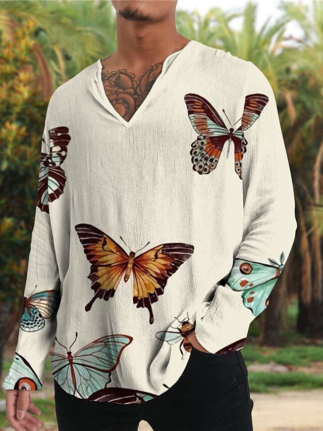  Men's Shirt Graphic Shirt Animal Butterfly V Neck Beige 3D Print Outdoor Casual Long Sleeve 3D Print Clothing Apparel Fashion Designer Casual Comfortable / Sports