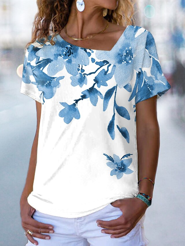  Mujer Floral Casual Festivos Fin de semana Flor Pintura Manga Corta Camiseta Escote en Pico Estampado Básico Tops Verde Trébol Azul Piscina Morado S / Impresión 3D