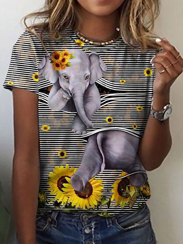  Damen T Shirt Grau Bedruckt Tier Bühnenlicht vielfarbig Casual Wochenende Kurzarm Rundhalsausschnitt Basic Vintage Standard Blume 3D Farbe S
