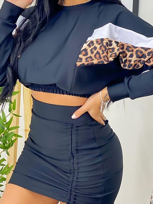  Women's Streetwear Color Block Leopard Casual Daily Wear Two Piece Set Crew Neck Skirt Dress Crop Top Hoodie Skirt Sets Ruched Drawstring Print Tops