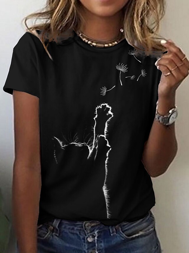  Femme T shirt Tee Chat Pissenlit Casual Fin de semaine Imprimer Noir Manche Courte basique Col Rond