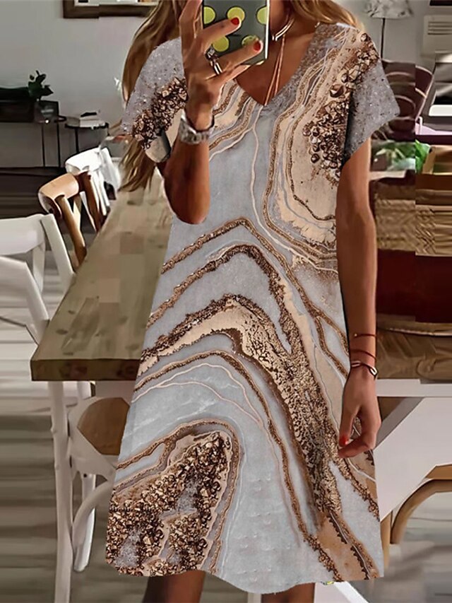 Dame Knelang kjole Kjole med A-linje Blå Gul Kortermet Trykt mønster Fargegradering V-hals Vår Sommer Stilfull Fritid Moderne 2022 Løstsittende S M L XL XXL 3XL