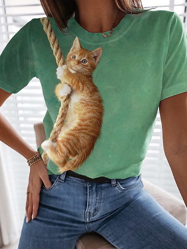  Women's T shirt Tee Pink Blue Green Print Cat 3D Casual Weekend Short Sleeve Round Neck Basic Regular 3D Cat Painting S