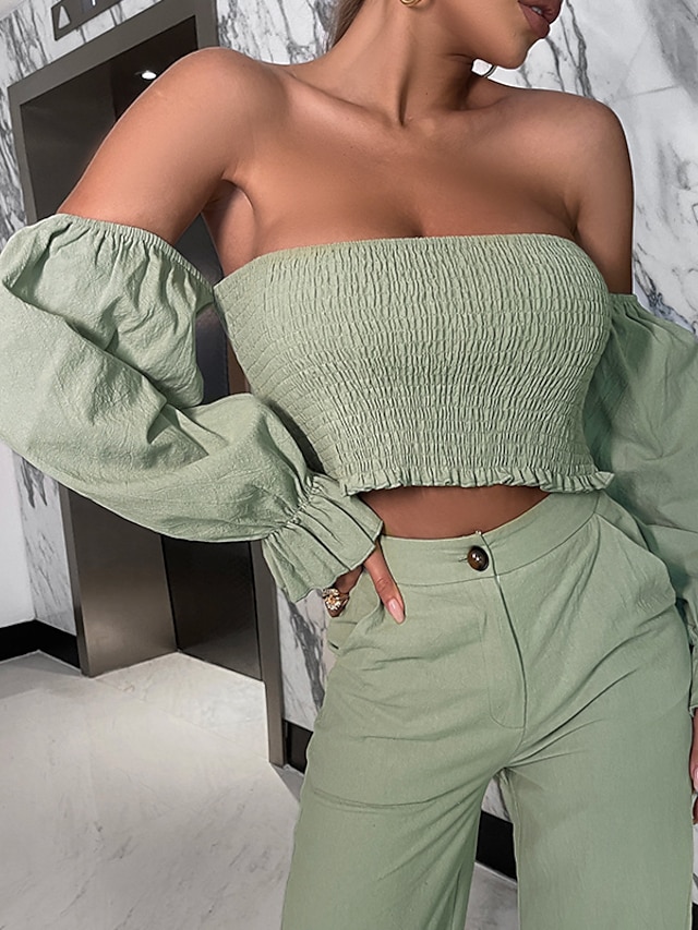  Women's Sexy Plain Casual Holiday Two Piece Set Off Shoulder Pant Wide leg pants Bell bottoms Tube Top Crop Top Pants Sets Tops