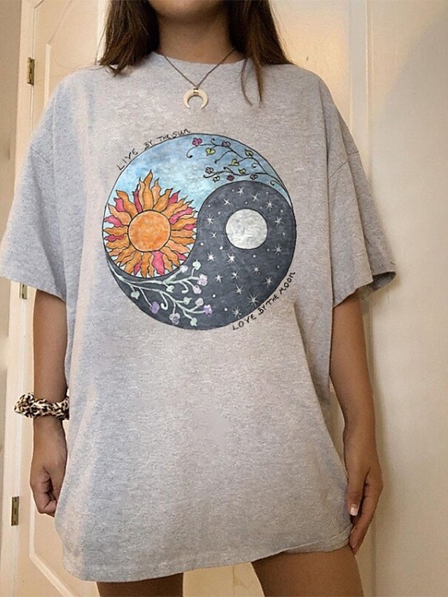  Women's Home Casual Daily T shirt Tee Painting Short Sleeve Floral Cartoon Graphic Round Neck Print Ethnic Vintage Chinoiserie Tops Loose Light gray S / 3D Print