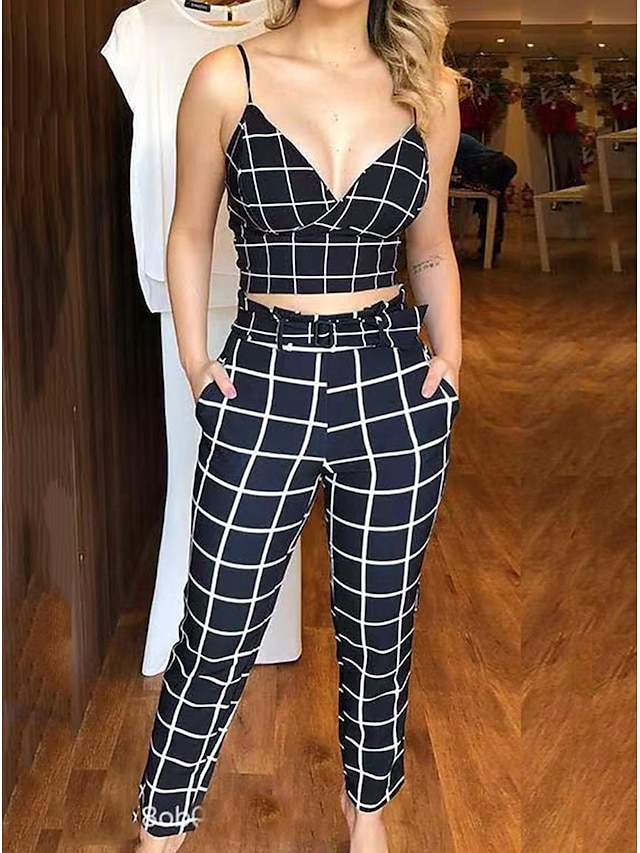 Women's Streetwear Plaid Holiday Vacation Two Piece Set Strap Pant Crop Top Tank Top Pants Sets Print Tops