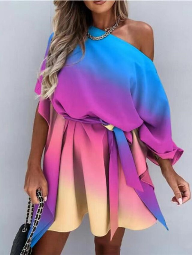  Women's Short Mini Dress A Line Dress Rainbow Half Sleeve Lace up Print Rainbow Color Gradient Boat Neck Spring Summer Stylish Elegant 2022 Loose S M L XL
