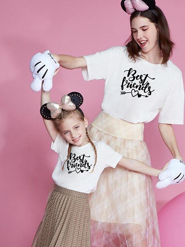  Mama und ich Valentinstag Baumwolle T-Shirt Oberteile Täglich Herz Buchstabe Bedruckt Weiß Grau Rosa Kurzarm Grundlegend Passende Outfits / Sommer / Alltag