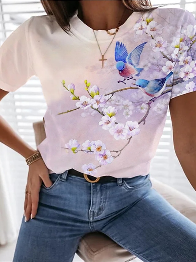  Dame T-shirt Regnbue Patchwork Trykt mønster Blomstret Fugl Afslappet Daglig Kortærmet Rund hals Basale Normal S / 3D-udskrivning