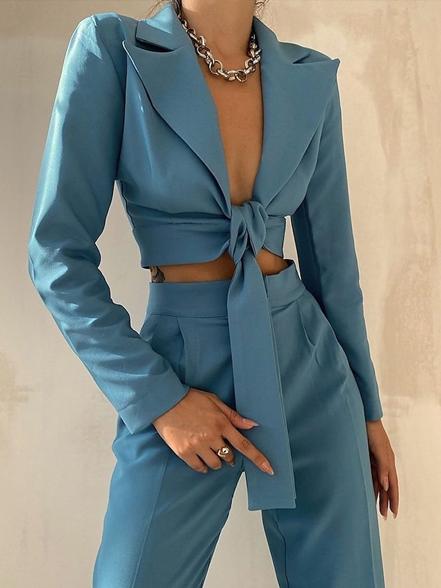  Women's Streetwear Plain Daily Wear Office Two Piece Set Shirt Collar Pant Crop Top Blazer Office Suit Lace up Tops