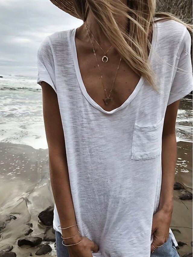  Mujer Camiseta Plano Casual Fin de semana Bolsillo Blanco Manga Corta Básico Escote en Pico