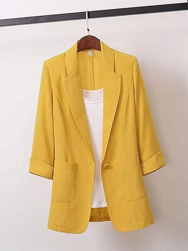  Mulheres Plus Size Blazer Bolsos Botão Tecido Férias Para Noite Colarinho de Camisa Manga Longa Outono Primavera Padrão Branco Preto Amarelo L XL XXL 3XL 4XL / Tamanho Grande