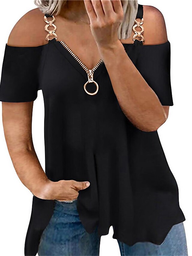  Women's T shirt Tee Black White Pink Plain Zipper Cut Out Short Sleeve Daily Going out Weekend Basic Sexy One Shoulder Off Shoulder Regular Fit Summer Spring