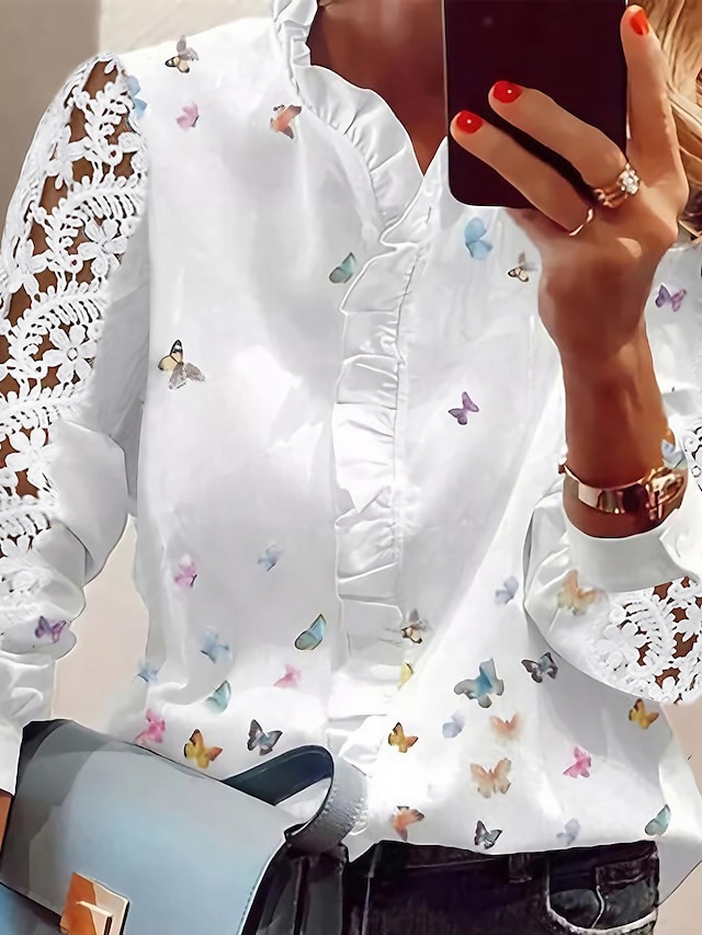 Damen Hemd Spitzenhemd Bluse Öse oben Schmetterling Arbeit Casual Täglich Rüsche Gitter Taste Weiß Langarm Elegant Strassenmode Brautkleider schlicht V Ausschnitt Frühling Herbst