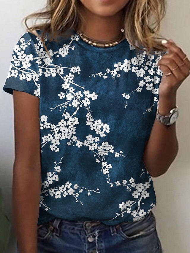  Femme T shirt Tee Floral Casual Vacances Fin de semaine Jaune Rose Claire Bleu Imprimer Manche Courte basique Col Rond Standard