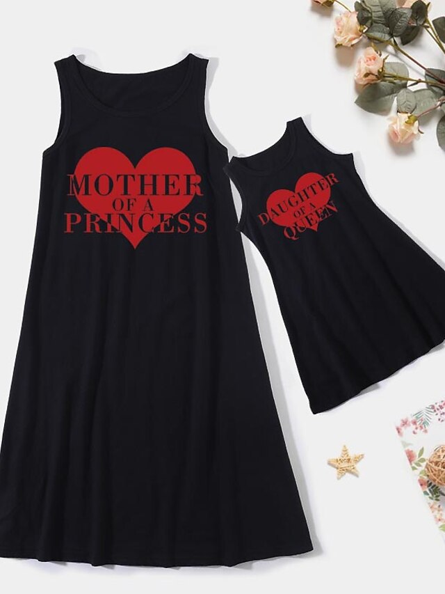 Mommy and Me Valentines Cotton Dresses Daily Cartoon Heart Letter Print Black Knee-length Sleeveless Tank Dress Casual Matching Outfits / Summer / Long / Cute