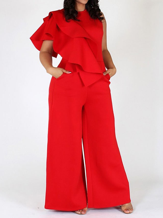 Women's Plus Size Jumpsuit Ruffle Solid Color Casual Daily Casual Full Length High Spring Summer Black Red L XL XXL 3XL 4XL