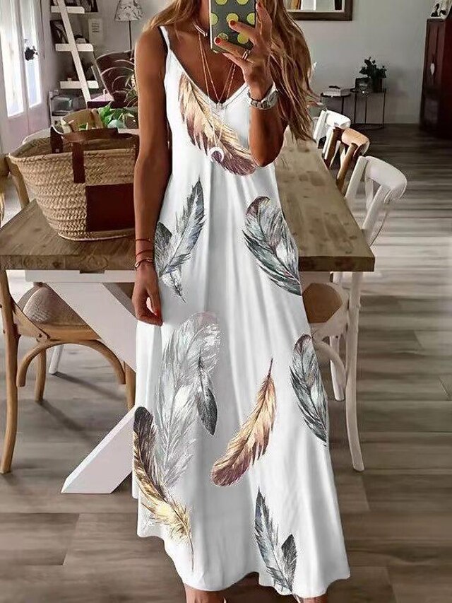  Mujer vestido largo vestido largo Vestido informal Vestido de flores pluma blanca Flores blancas Hoja Sin Mangas Verano Primavera Estampado Moda Correa de espagueti Vestido de verano 2023 S M L XL