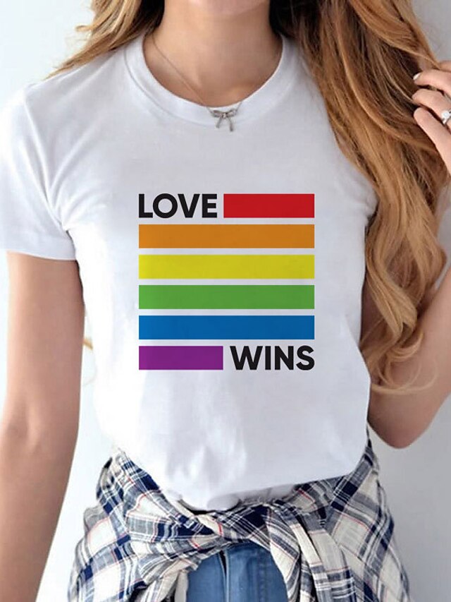  Damen Alltag Wochenende T Shirt Farbe Kurzarm Regenbogen Text Rundhalsausschnitt Bedruckt Basic LGBT Stolz Oberteile Weiß S