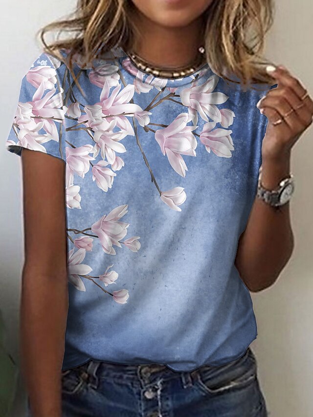 Women's T shirt Tee Green Blue Pink Print Floral Casual Holiday Short Sleeve Round Neck Basic Regular Floral Painting S / 3D Print