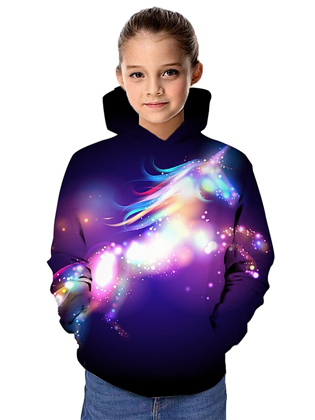  Børn Pige Hættetrøje og sweatshirt Langærmet Hest 3D-udskrivning Grafisk Stjernefyldt Himmel Dyr Trykt mønster Regnbue Børn Toppe Aktiv Fantasi Skole 3-12 år
