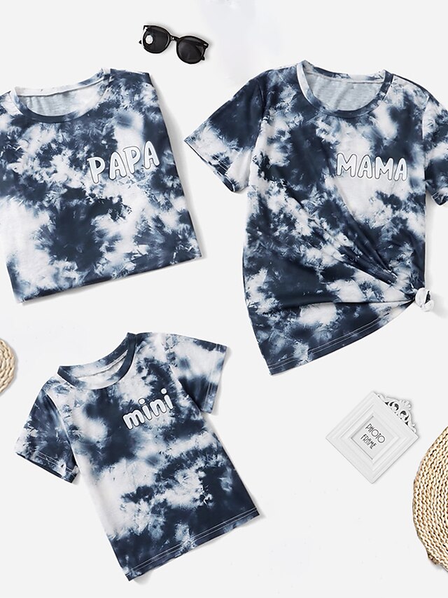  Family Look T shirt Tops Causal Tie Dye Letter Print Deep Blue Short Sleeve Casual Matching Outfits / Summer