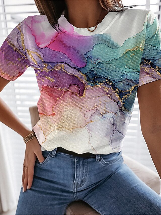  Damen T Shirt Grün Bedruckt Graphic Casual Wochenende Kurzarm Rundhalsausschnitt Basic Standard Abstrakt Farbe S