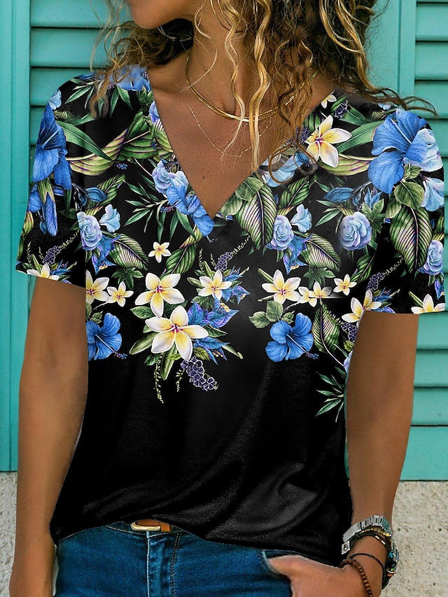  Women's Floral Casual Holiday Weekend Floral Painting Short Sleeve T shirt Tee V Neck Print Basic Essential Tops Green Blue Purple S / 3D Print