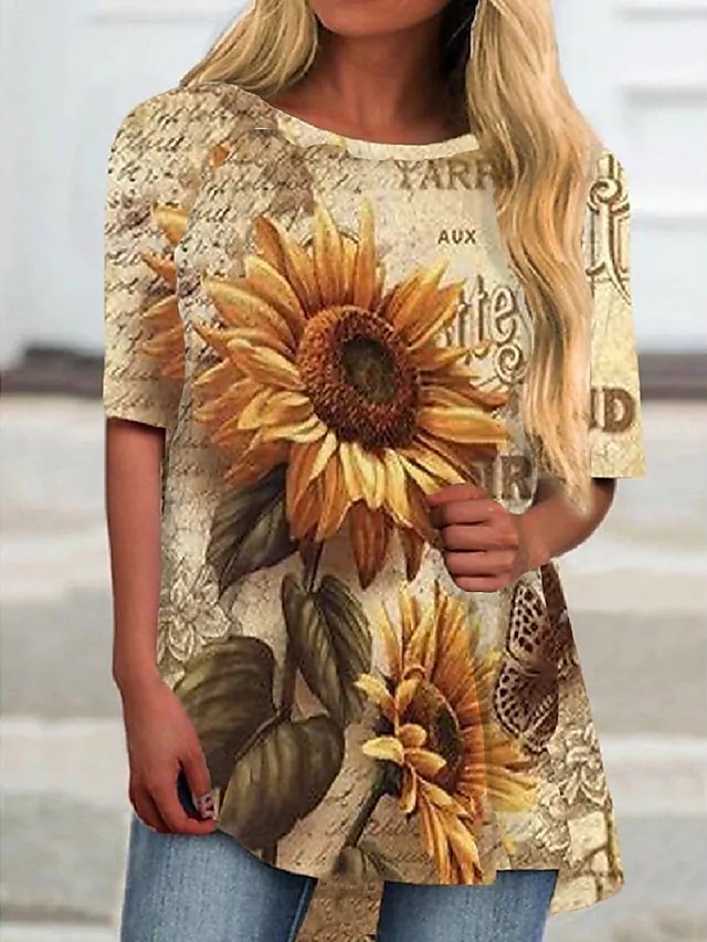 Women's Casual Daily Going out T shirt Tee Floral Geometric Short Sleeve Sunflower Round Neck Print Ethnic Vintage Sexy Tops Yellow S / Long Sleeve / 3D Print