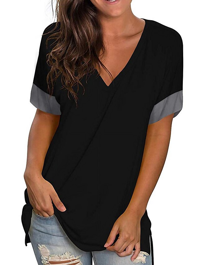  Mujer Blusa Camiseta Escote en V Básico Clásico Color sólido Escote en Pico Primavera Regular Vino Tinto Blanco Negro