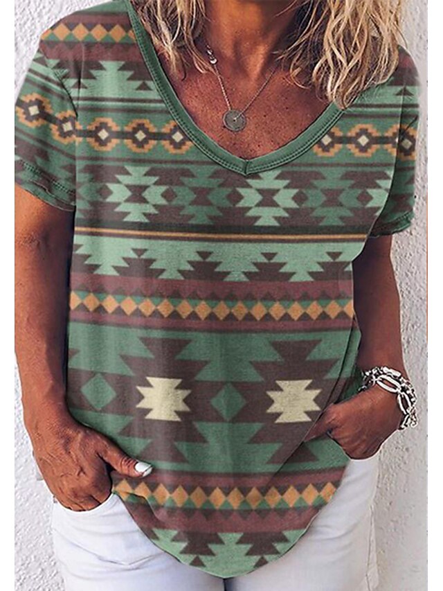  Mujer Camiseta Geométrico Casual Fin de semana Geométrico adj. Pintura Manga Corta Camiseta Escote en Pico Estampado Básico Étnico Verde Trébol Amarillo S / Impresión 3D