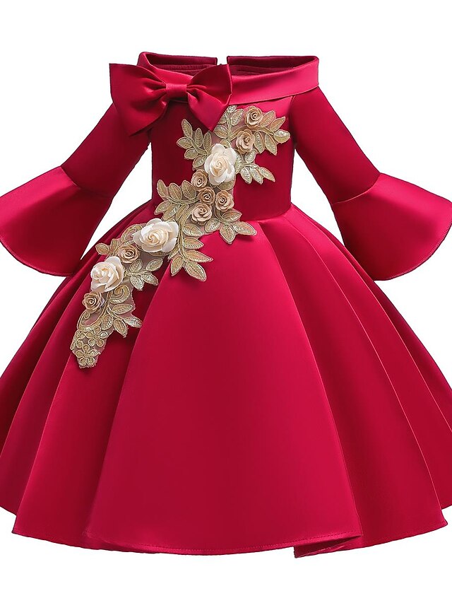  Kids Girls' Dress Floral Flower Party Pegeant Bow Elegant Princess Cotton Polyester Floral Embroidery Dress Pink Red Green
