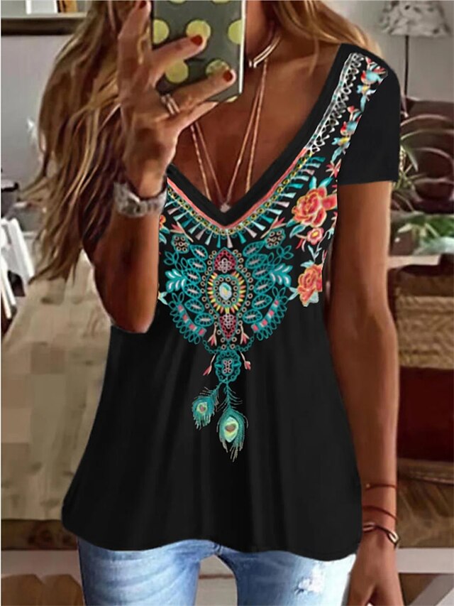 Women's Floral Graphic Patterned Casual Daily Short Sleeve T shirt Tee V Neck Patchwork Print Basic Essential Ethnic Vintage Tops Black S / 3D Print