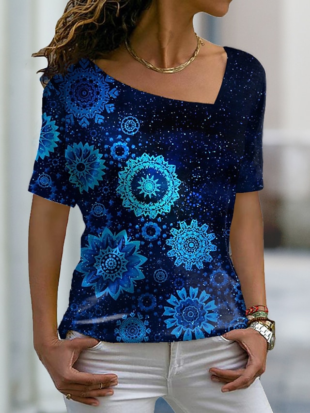  T shirt Tee Femme Casual Vacances Fin de semaine Floral Manches Courtes Fleur Peinture Col V Imprimer basique Bleu Hauts Standard S / 3D effet