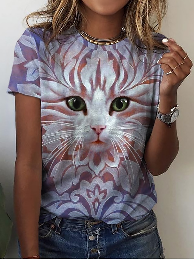  Dame Kat 3D Afslappet Weekend 3D kat Maleri Kortærmet T-shirt Rund hals Trykt mønster Basale Toppe Brun S / 3D-udskrivning
