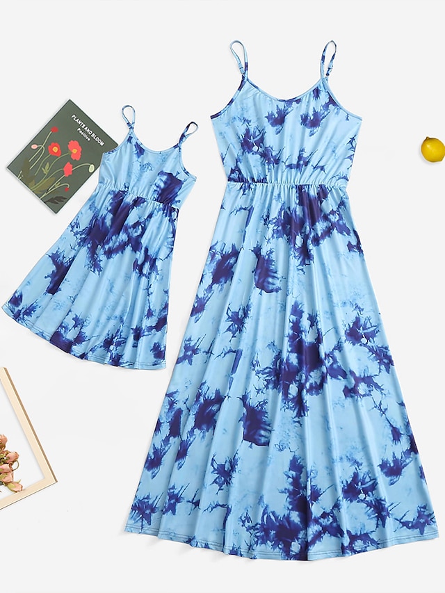  Mama und ich Kleider Normal Blumen Batik Leopard Bedruckt Blau Schwarz Rosa Maxi Ärmellos Täglich Passende Outfits / Sommer / Süß