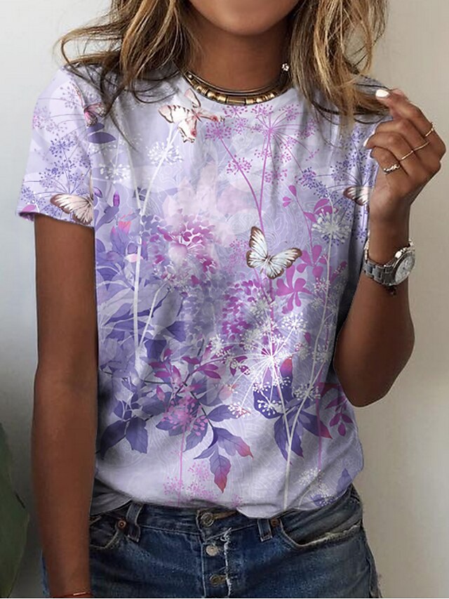  Damen T Shirt Blumen Schmetterling Purpur Bedruckt Kurzarm Casual Festtage Wochenende Basic Rundhalsausschnitt Regular Fit