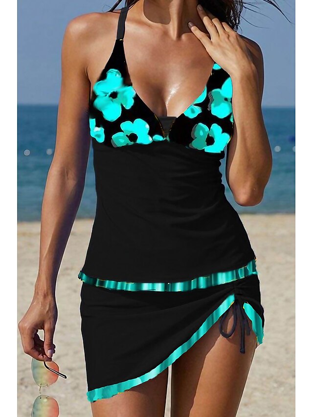  Women's Swimwear Tankini 2 Piece Normal Swimsuit Floral Print High Waisted Black V Wire Padded Bathing Suits Vacation Sexy Sports / Strap / New / Strap